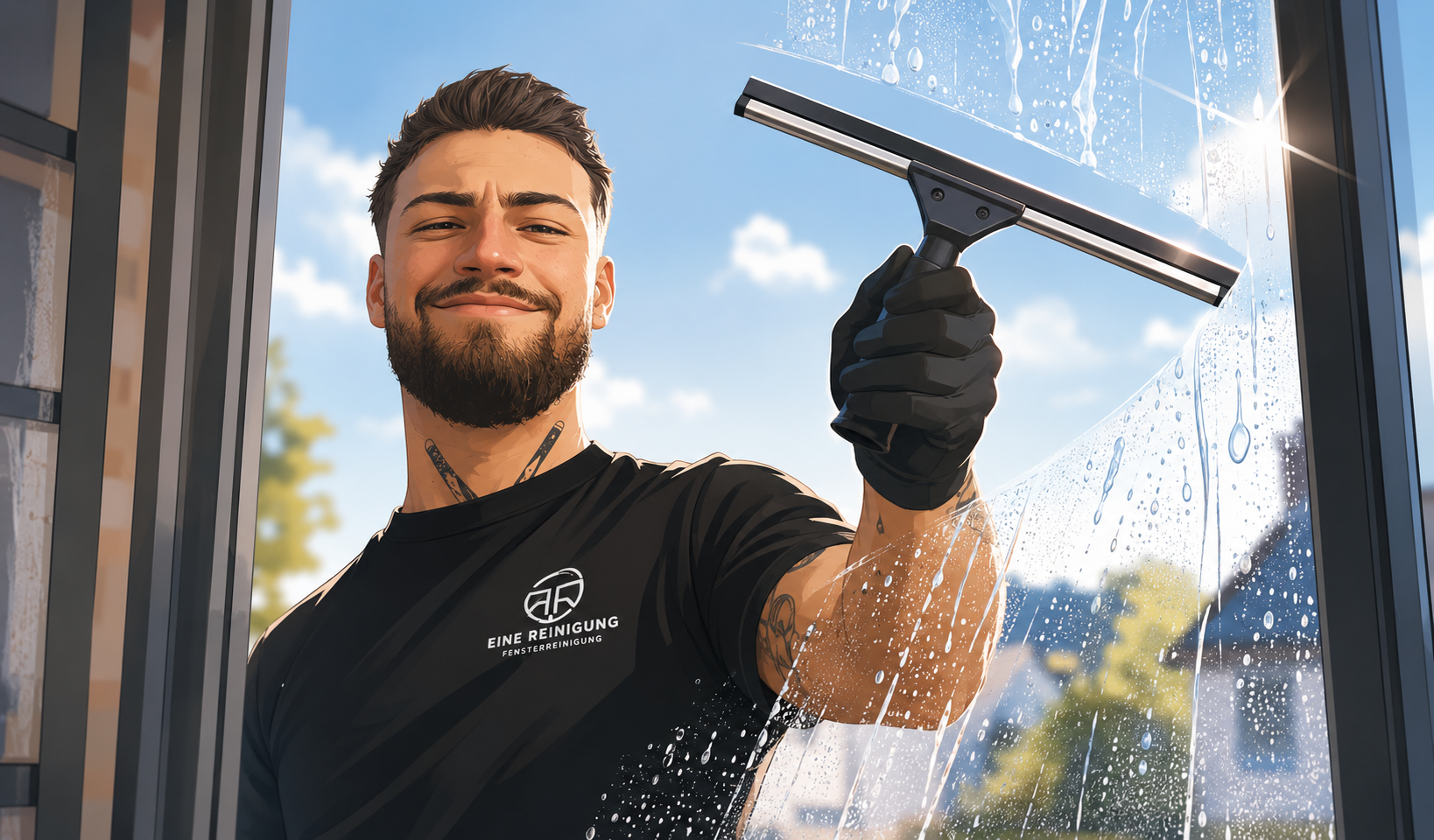 Fensterreiniger Paul bei der Arbeit mit einem Fensterabzieher